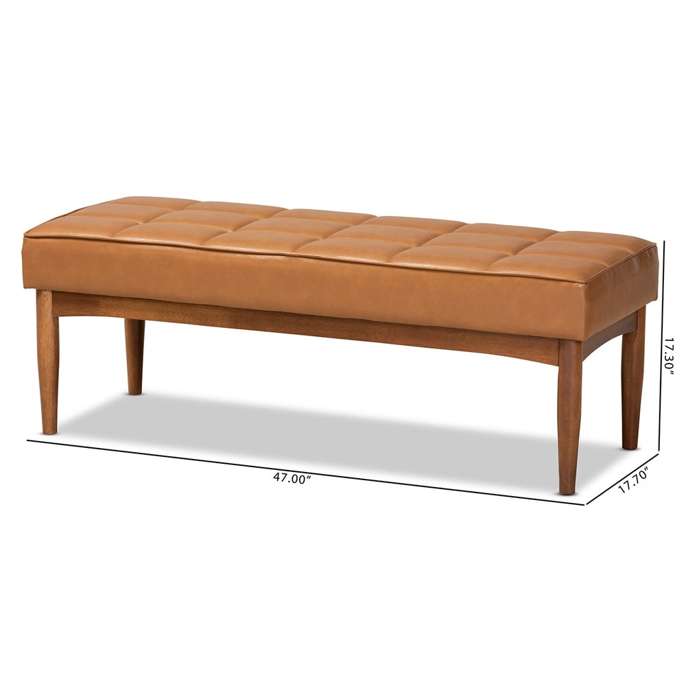 Sanford Mid-Century Modern Tan Faux Leather Upholstered and Walnut Brown Finished Wood Dining Bench