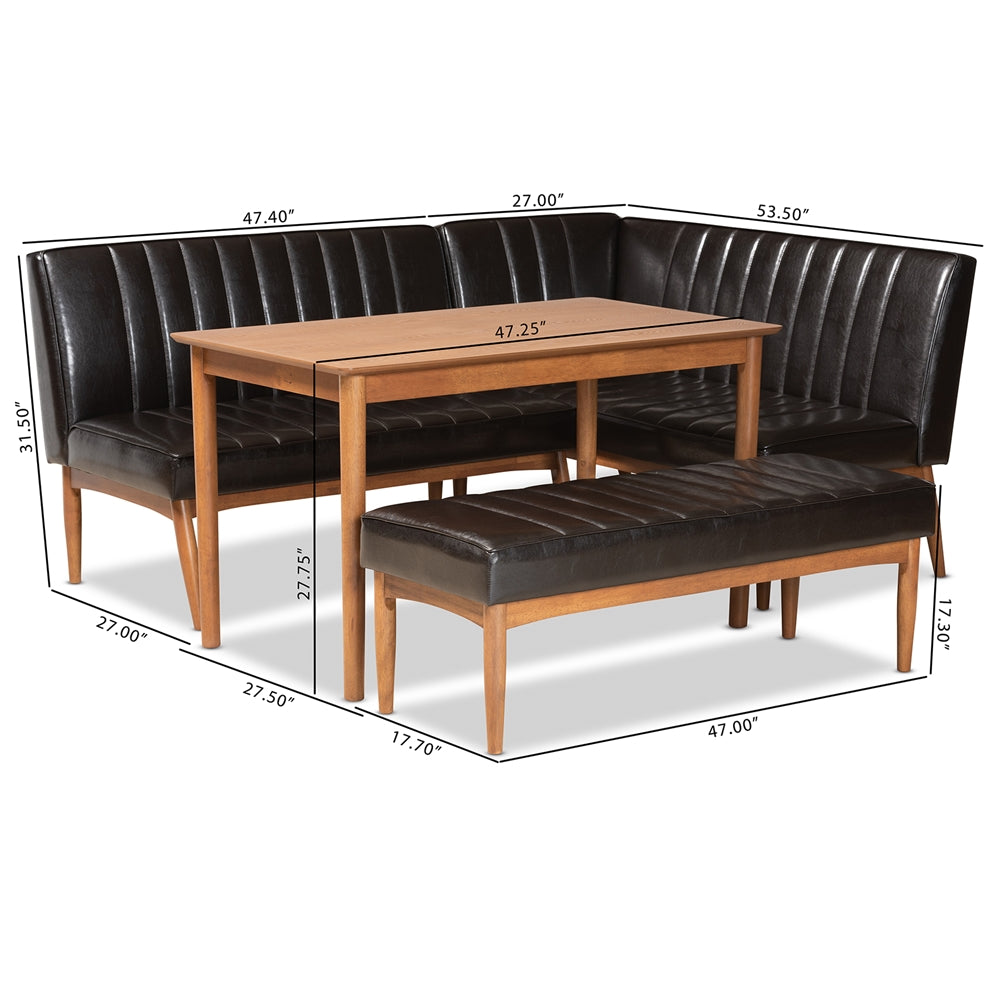 Daymond Mid-Century Modern Dark Brown Faux Leather Upholstered and Walnut Brown Finished Wood 4-Piece Dining Nook Set