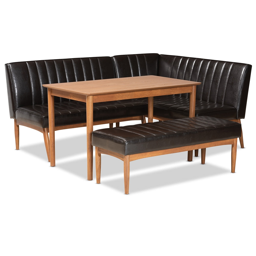 Daymond Mid-Century Modern Dark Brown Faux Leather Upholstered and Walnut Brown Finished Wood 4-Piece Dining Nook Set