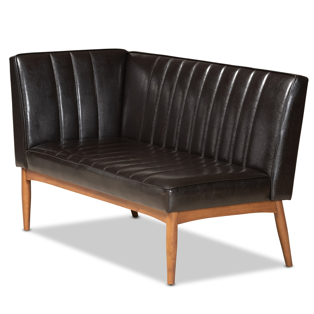 Daymond Mid-Century Modern Dark Brown Faux Leather Upholstered and Walnut Brown Finished Wood 4-Piece Dining Nook Set