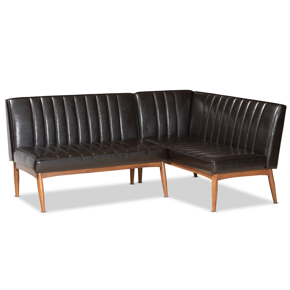 Daymond Mid-Century Modern Dark Brown Faux Leather Upholstered and Walnut Brown Finished Wood 2-Piece Dining Nook Banquette Set