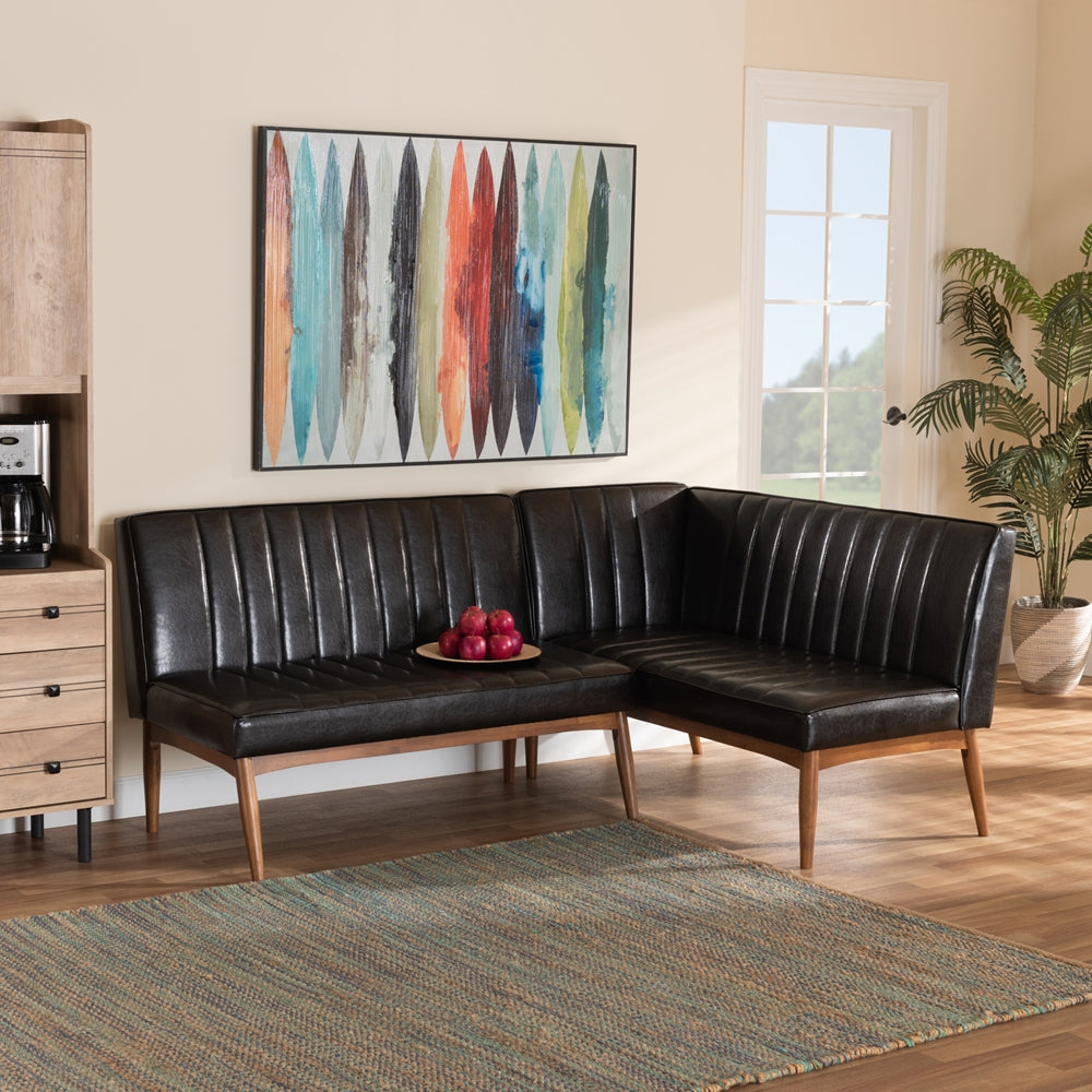 Daymond Mid-Century Modern Dark Brown Faux Leather Upholstered and Walnut Brown Finished Wood 2-Piece Dining Nook Banquette Set