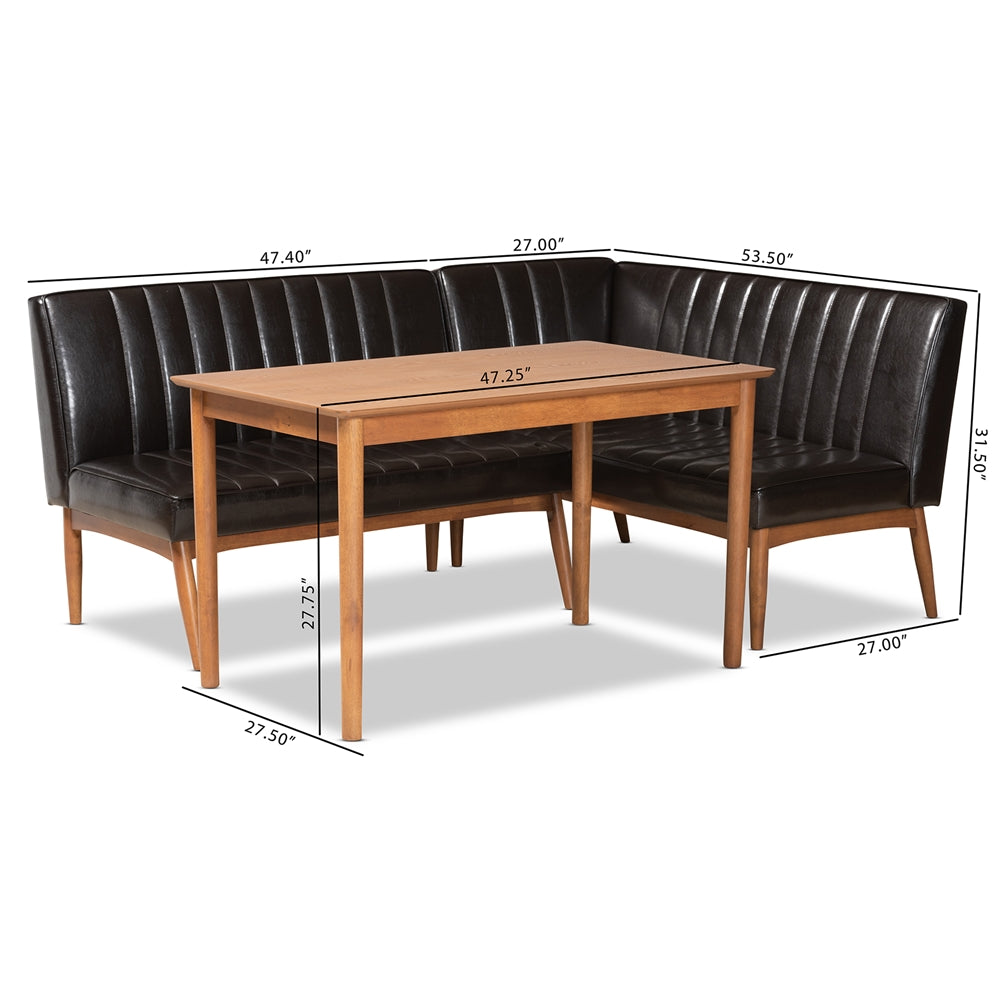 Daymond Mid-Century Modern Dark Brown Faux Leather Upholstered and Walnut Brown Finished Wood 3-Piece Dining Nook Set