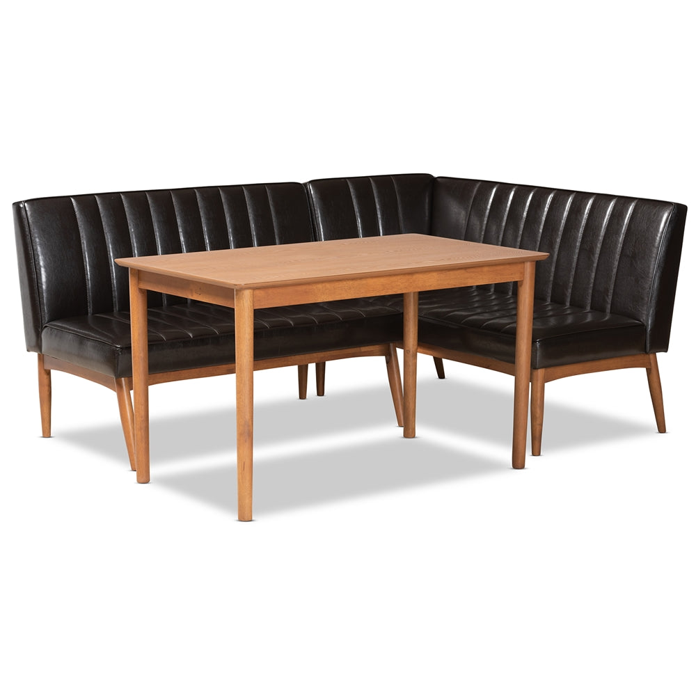 Daymond Mid-Century Modern Dark Brown Faux Leather Upholstered and Walnut Brown Finished Wood 3-Piece Dining Nook Set
