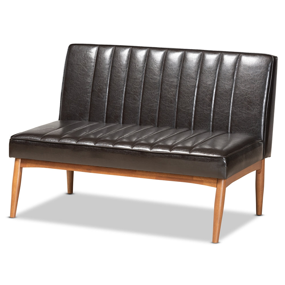 Daymond Mid-Century Modern Dark Brown Faux Leather Upholstered and Walnut Brown Finished Wood 3-Piece Dining Nook Set
