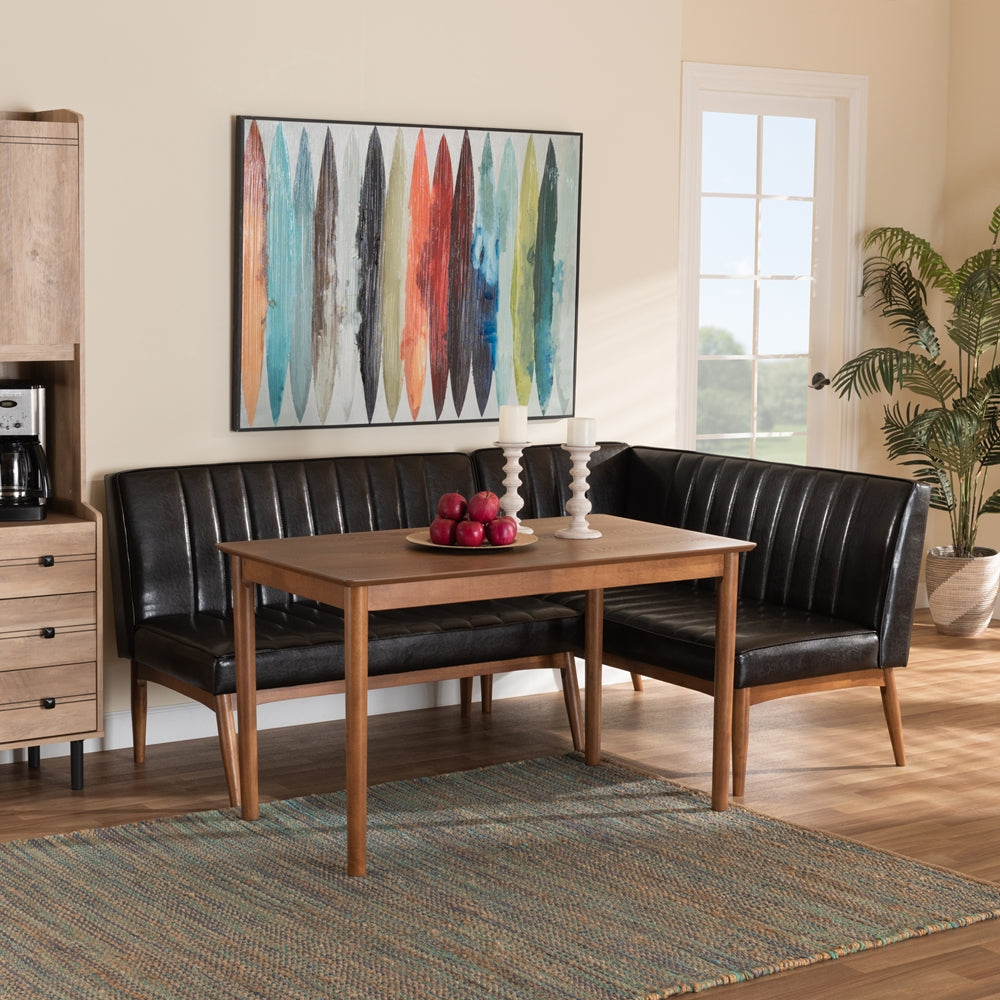 Daymond Mid-Century Modern Dark Brown Faux Leather Upholstered and Walnut Brown Finished Wood 3-Piece Dining Nook Set