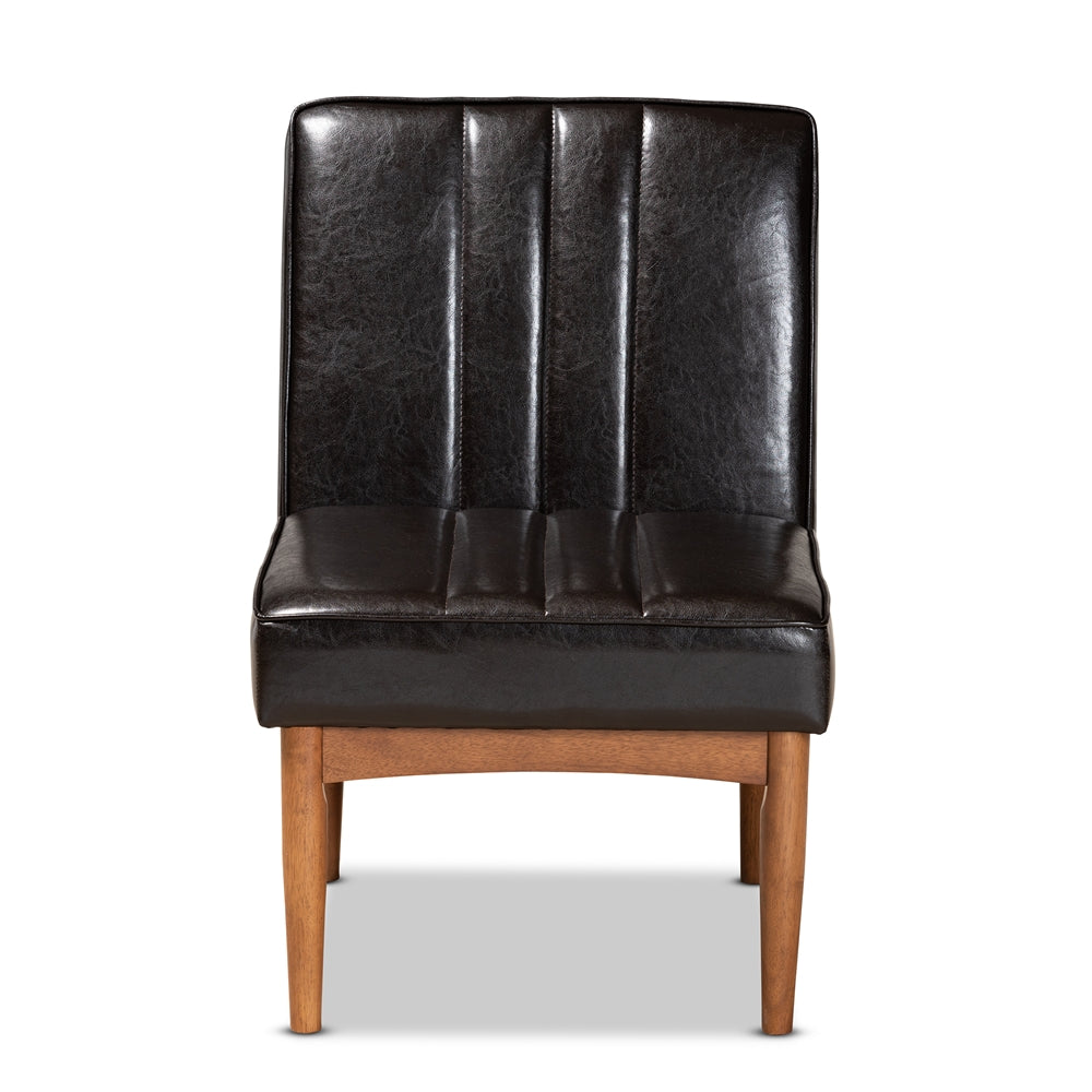Daymond Mid-Century Modern Dark Brown Faux Leather Upholstered and Walnut Brown Finished Wood Dining Chair