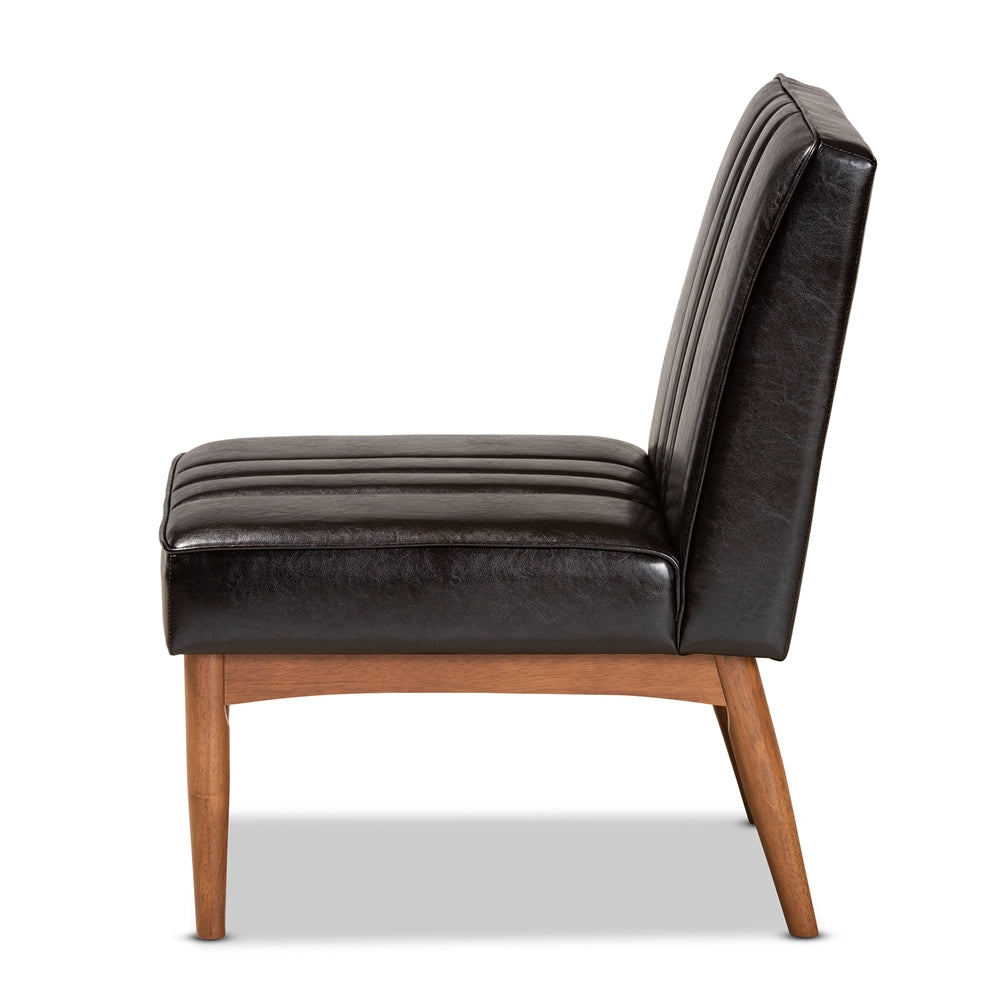 Daymond Mid-Century Modern Dark Brown Faux Leather Upholstered and Walnut Brown Finished Wood Dining Chair