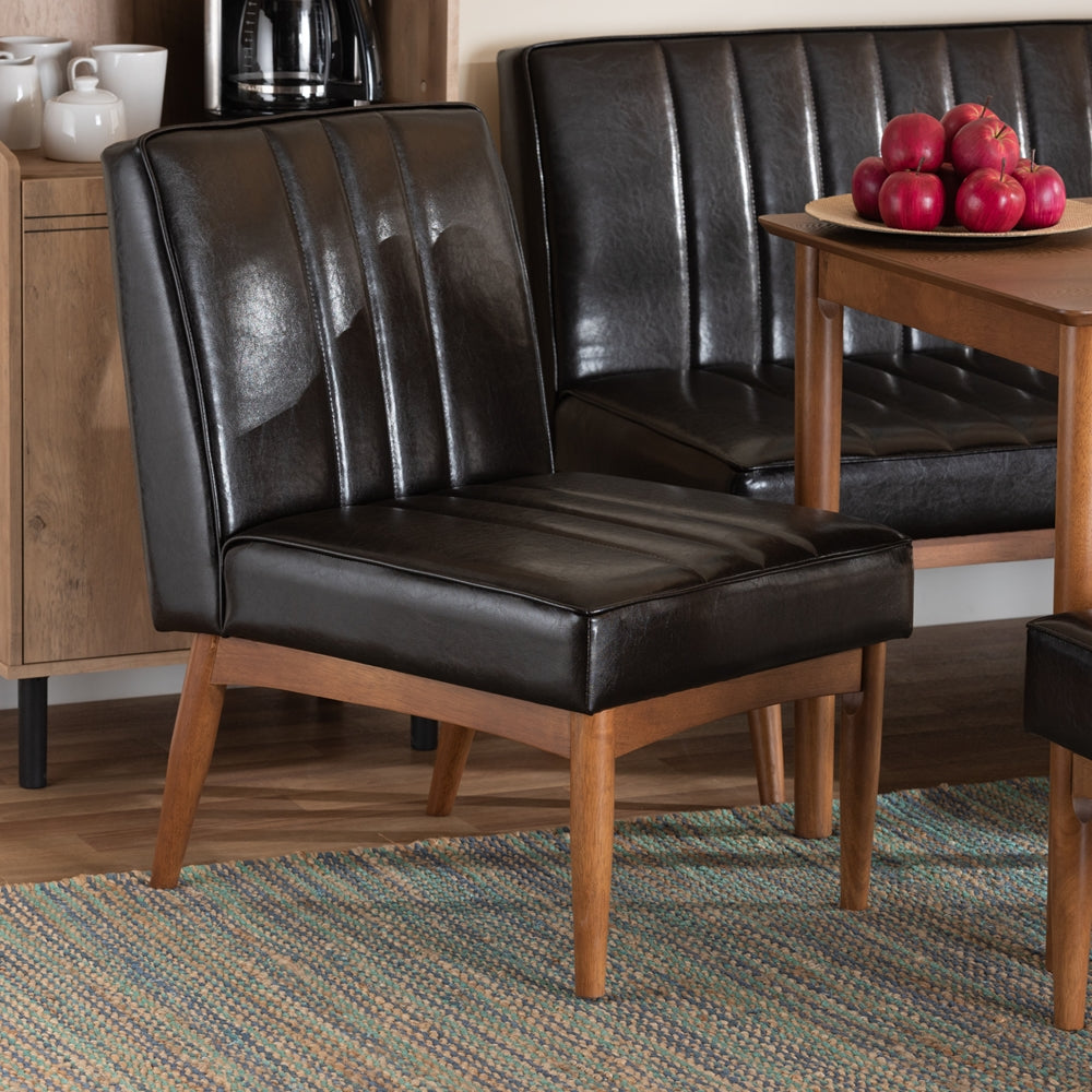 Daymond Mid-Century Modern Dark Brown Faux Leather Upholstered and Walnut Brown Finished Wood Dining Chair