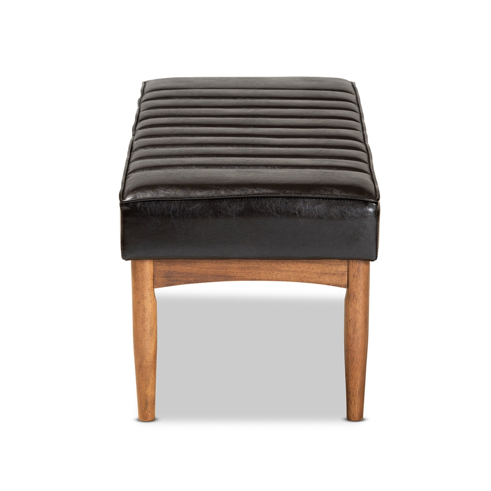 Daymond Mid-Century Modern Dark Brown Faux Leather Upholstered and Walnut Brown Finished Wood Dining Bench
