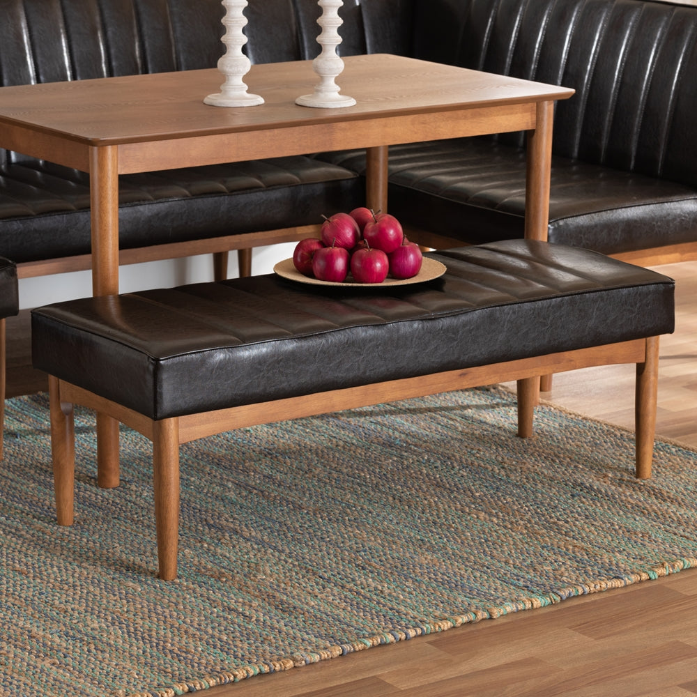 Daymond Mid-Century Modern Dark Brown Faux Leather Upholstered and Walnut Brown Finished Wood Dining Bench
