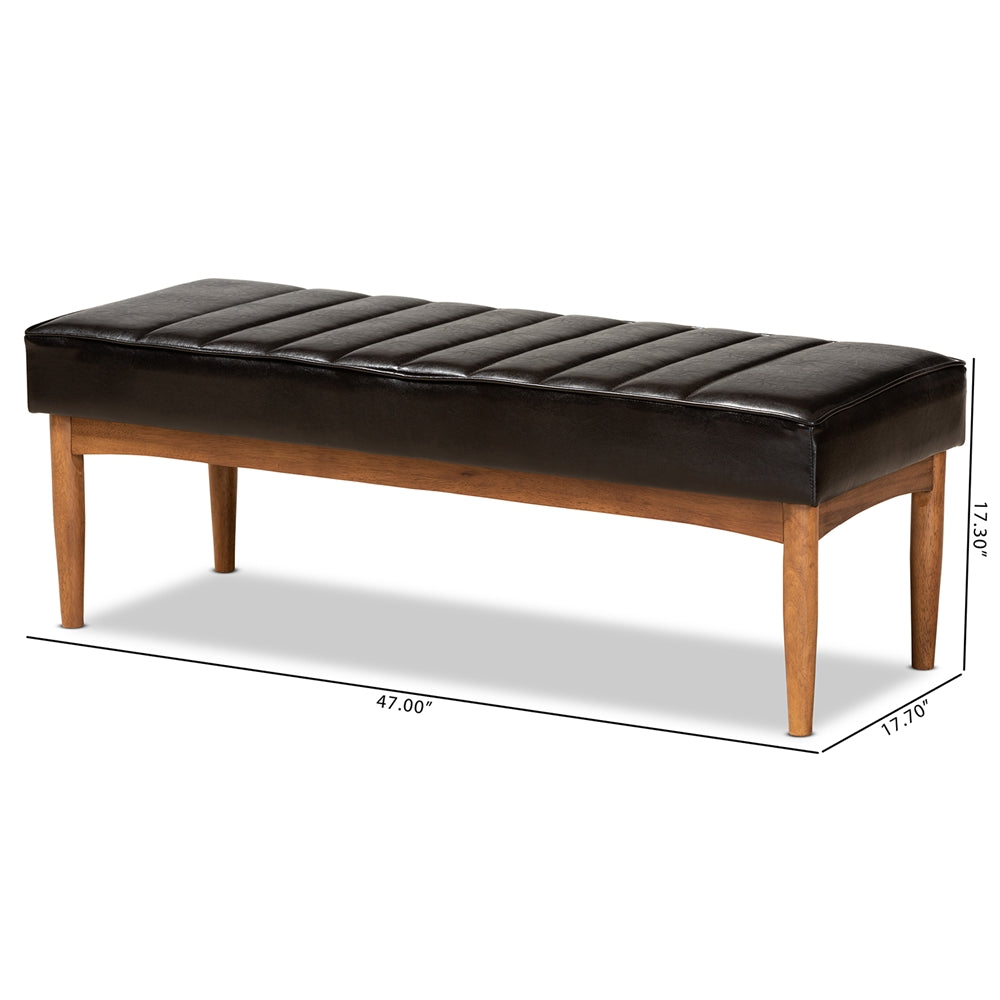 Daymond Mid-Century Modern Dark Brown Faux Leather Upholstered and Walnut Brown Finished Wood Dining Bench