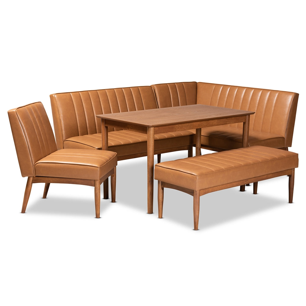 Daymond Mid-Century Modern Tan Faux Leather Upholstered and Walnut Brown Finished Wood 5-Piece Dining Nook Set
