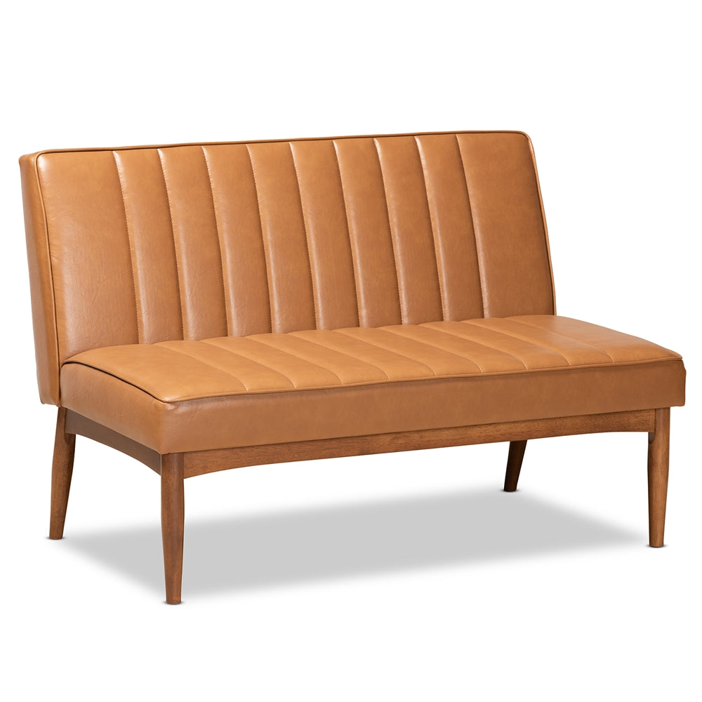 Daymond Mid-Century Modern Tan Faux Leather Upholstered and Walnut Brown Finished Wood 2-Piece Dining Nook Banquette Set