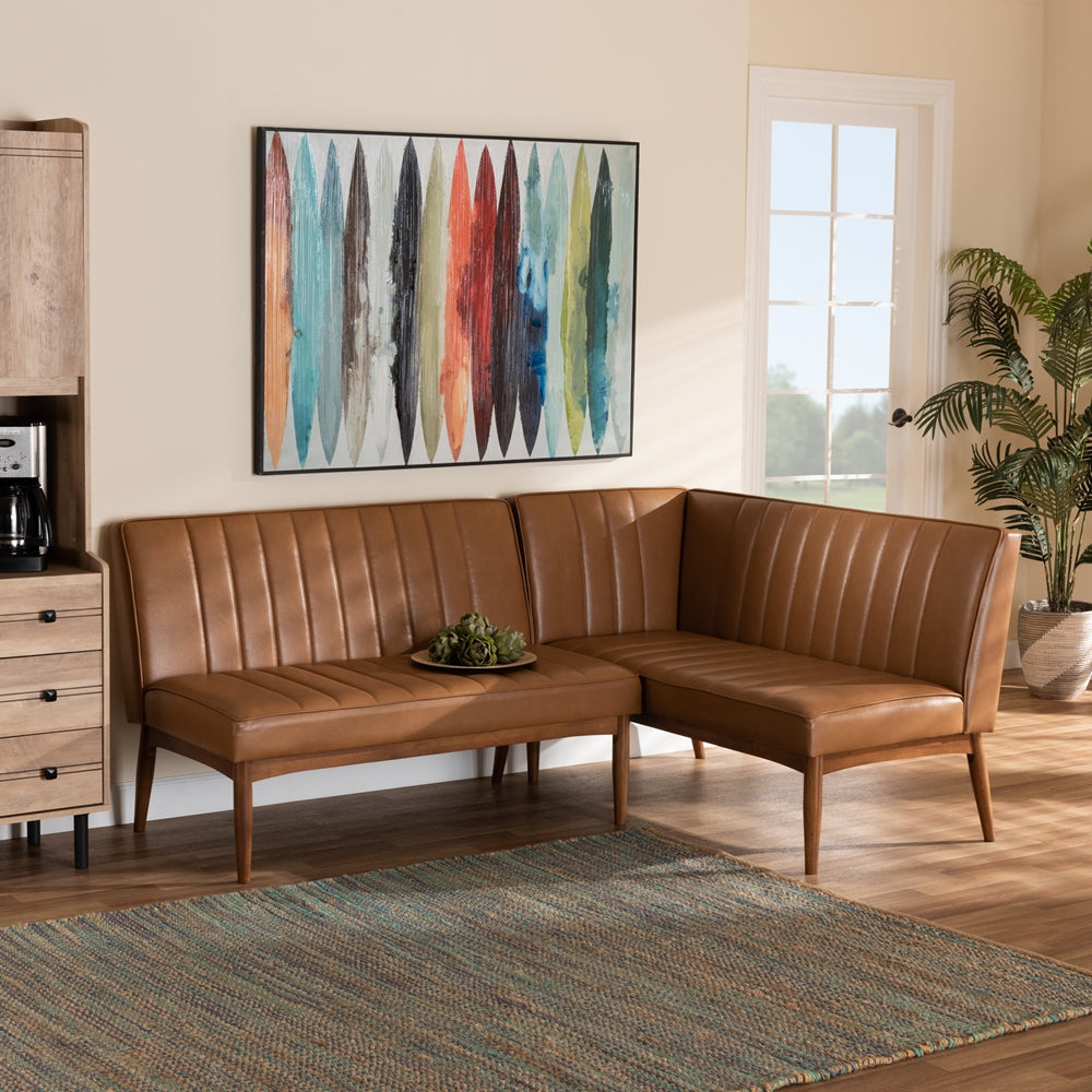 Daymond Mid-Century Modern Tan Faux Leather Upholstered and Walnut Brown Finished Wood 2-Piece Dining Nook Banquette Set