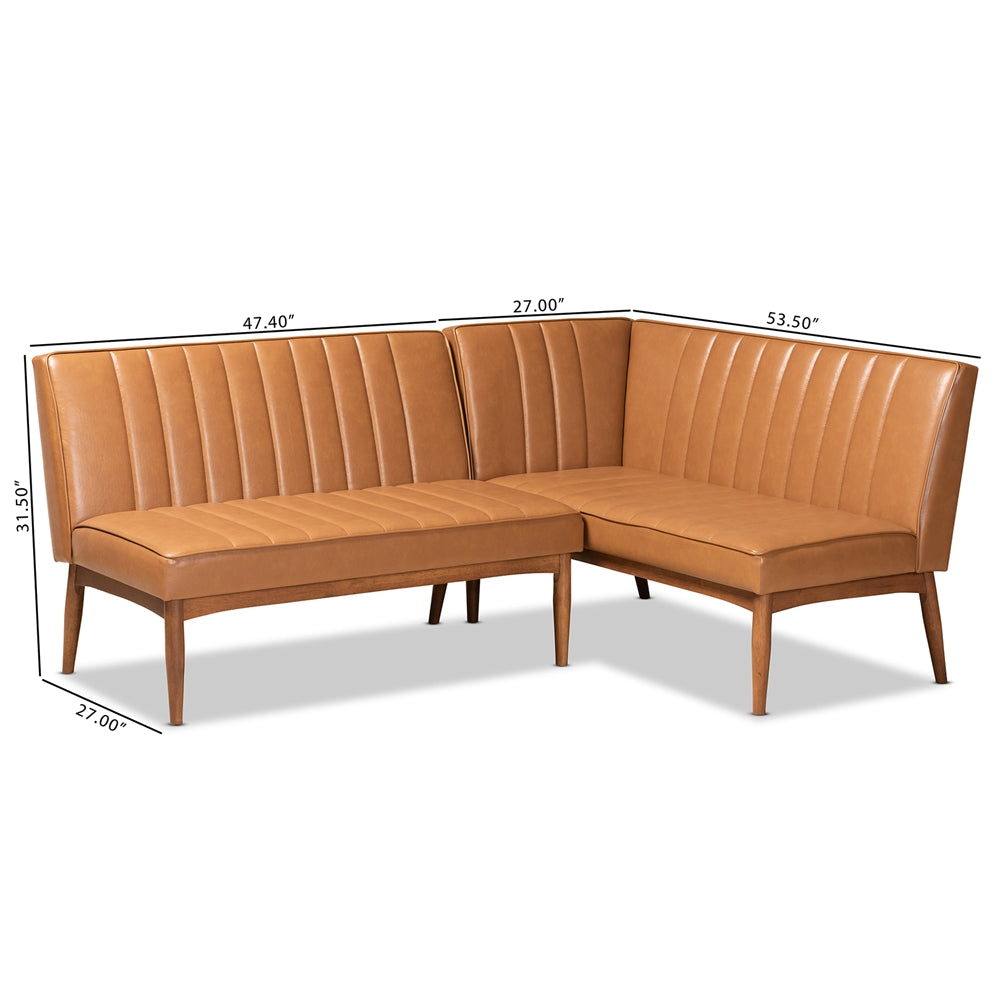 Daymond Mid-Century Modern Tan Faux Leather Upholstered and Walnut Brown Finished Wood 2-Piece Dining Nook Banquette Set
