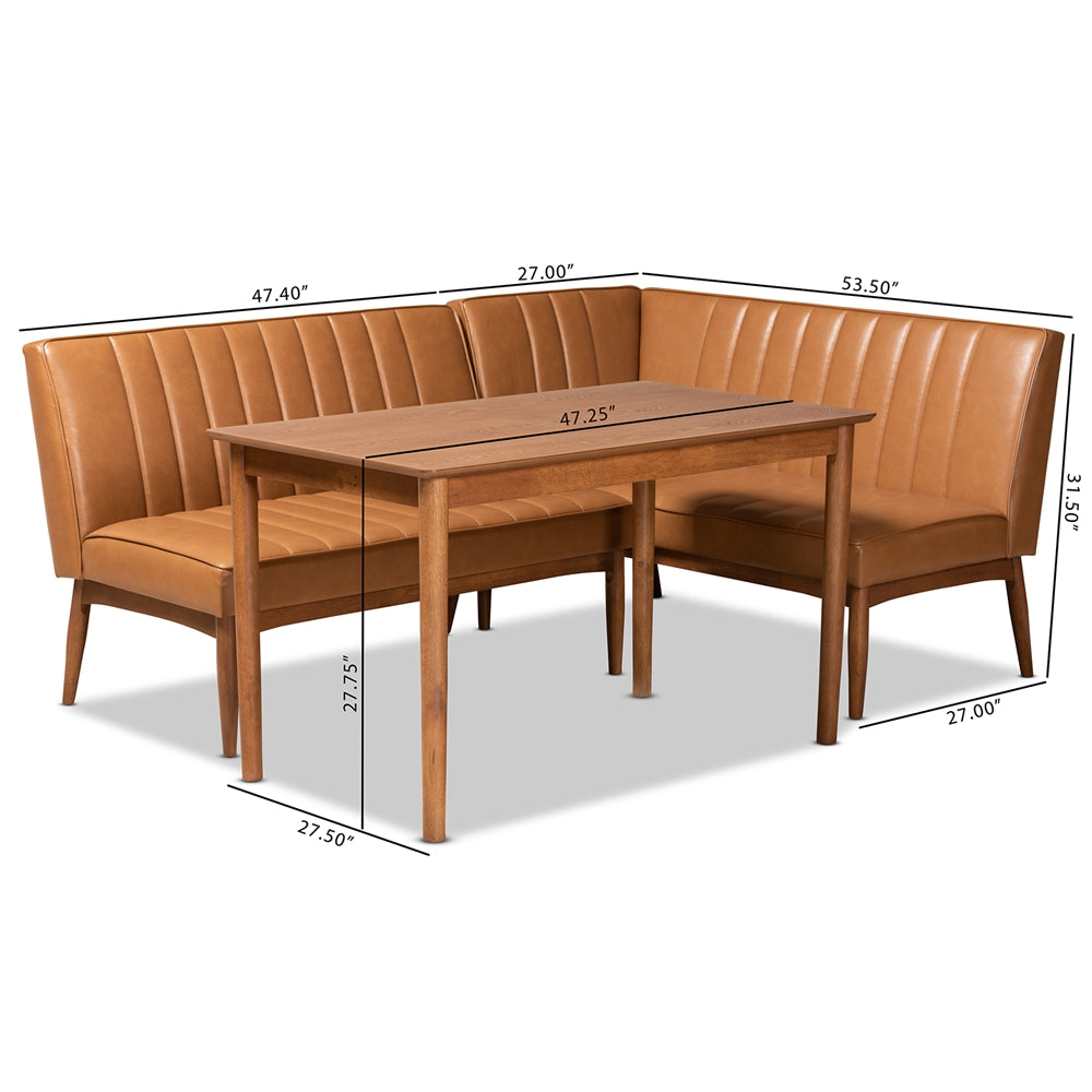 Daymond Mid-Century Modern Tan Faux Leather Upholstered and Walnut Brown Finished Wood 3-Piece Dining Nook Set