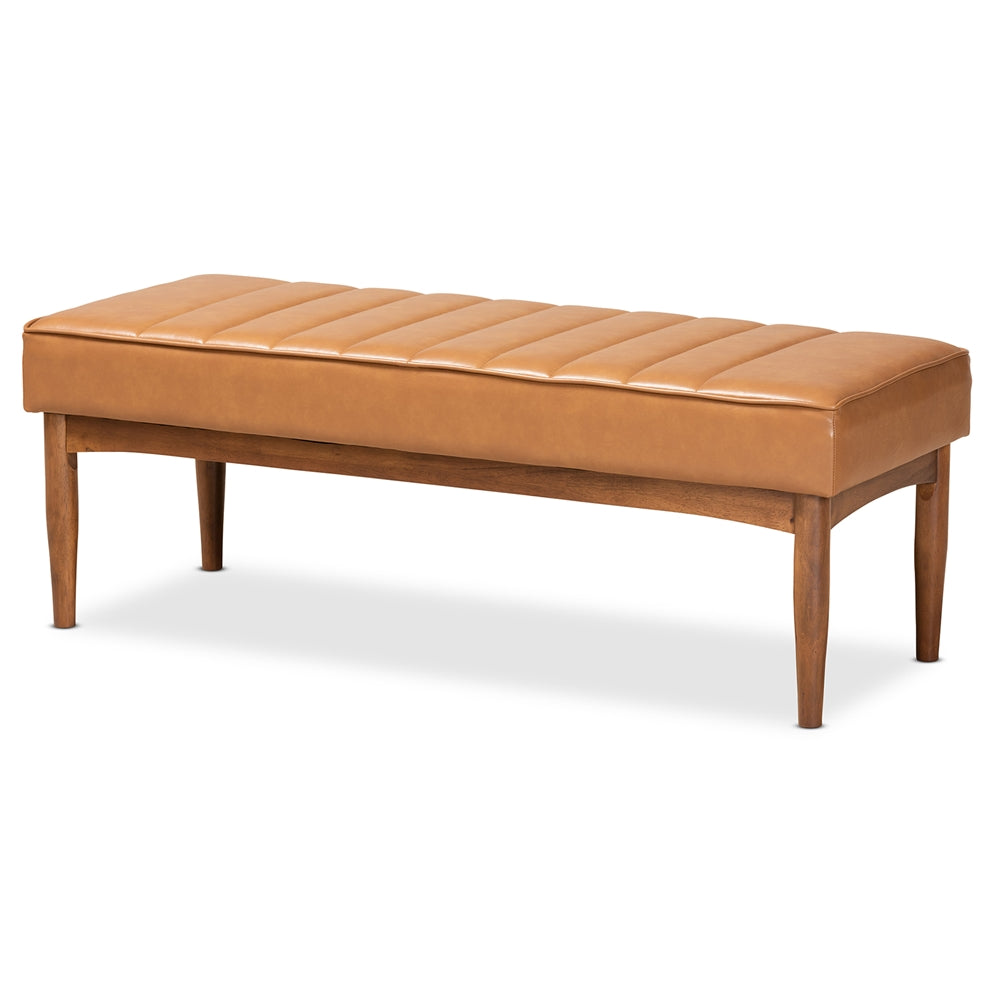 Daymond Mid-Century Modern Tan Faux Leather Upholstered and Walnut Brown Finished Wood Dining Bench