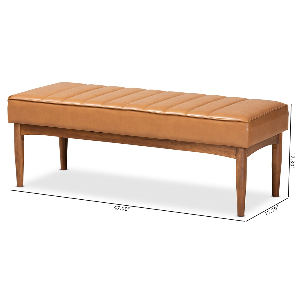 Daymond Mid-Century Modern Tan Faux Leather Upholstered and Walnut Brown Finished Wood Dining Bench