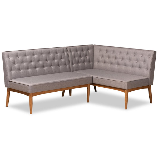 Riordan Mid-Century Modern Grey Fabric Upholstered and Walnut Brown Finished Wood 2-Piece Dining Nook Banquette Set