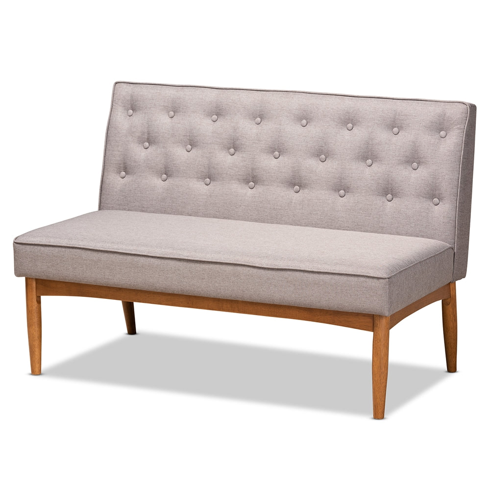 Riordan Mid-Century Modern Grey Fabric Upholstered and Walnut Brown Finished Wood 2-Piece Dining Nook Banquette Set
