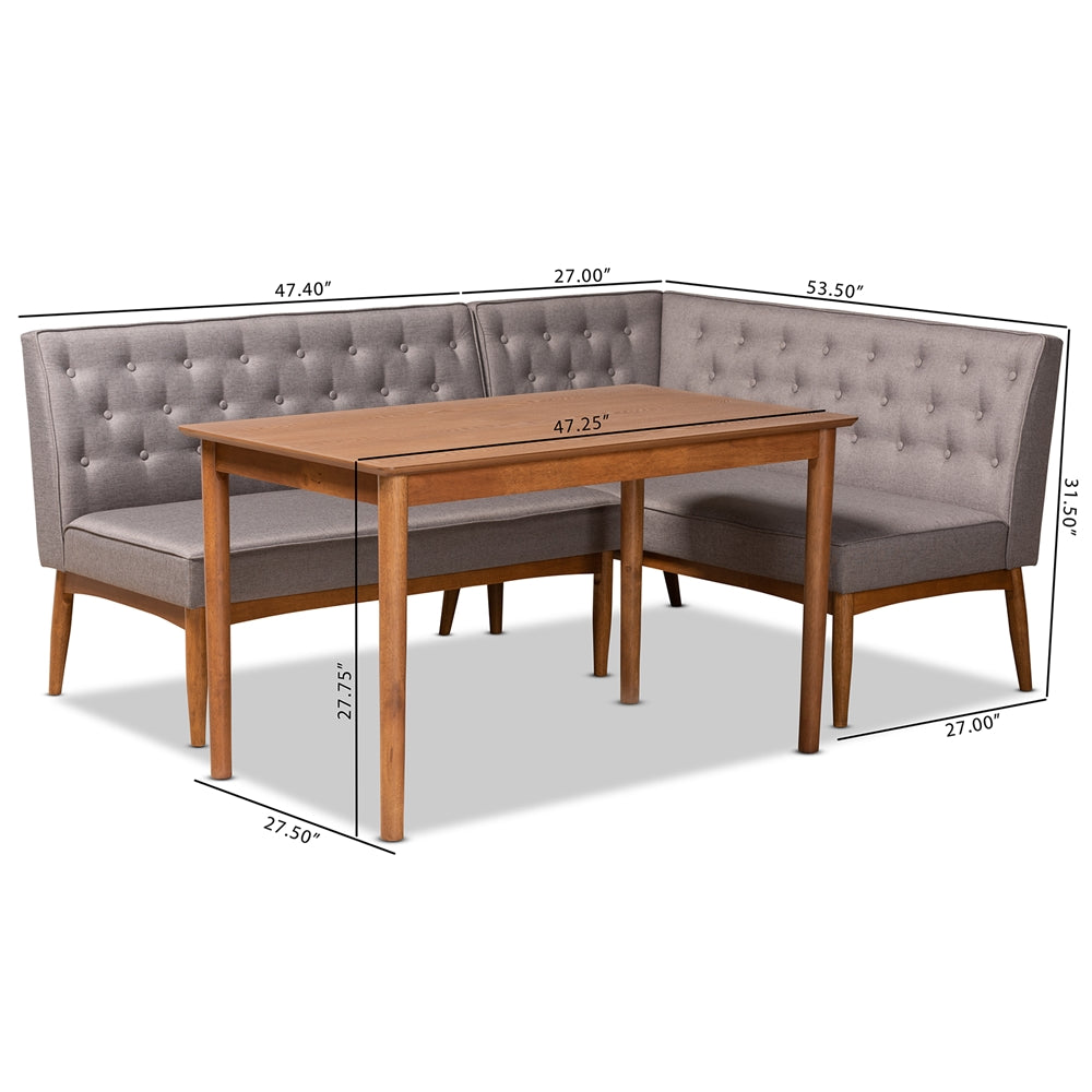 Riordan Mid-Century Modern Grey Fabric Upholstered and Walnut Brown Finished Wood 3-Piece Dining Nook Set