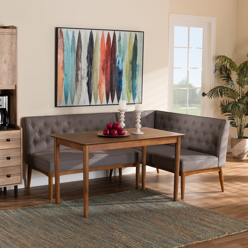 Riordan Mid-Century Modern Grey Fabric Upholstered and Walnut Brown Finished Wood 3-Piece Dining Nook Set
