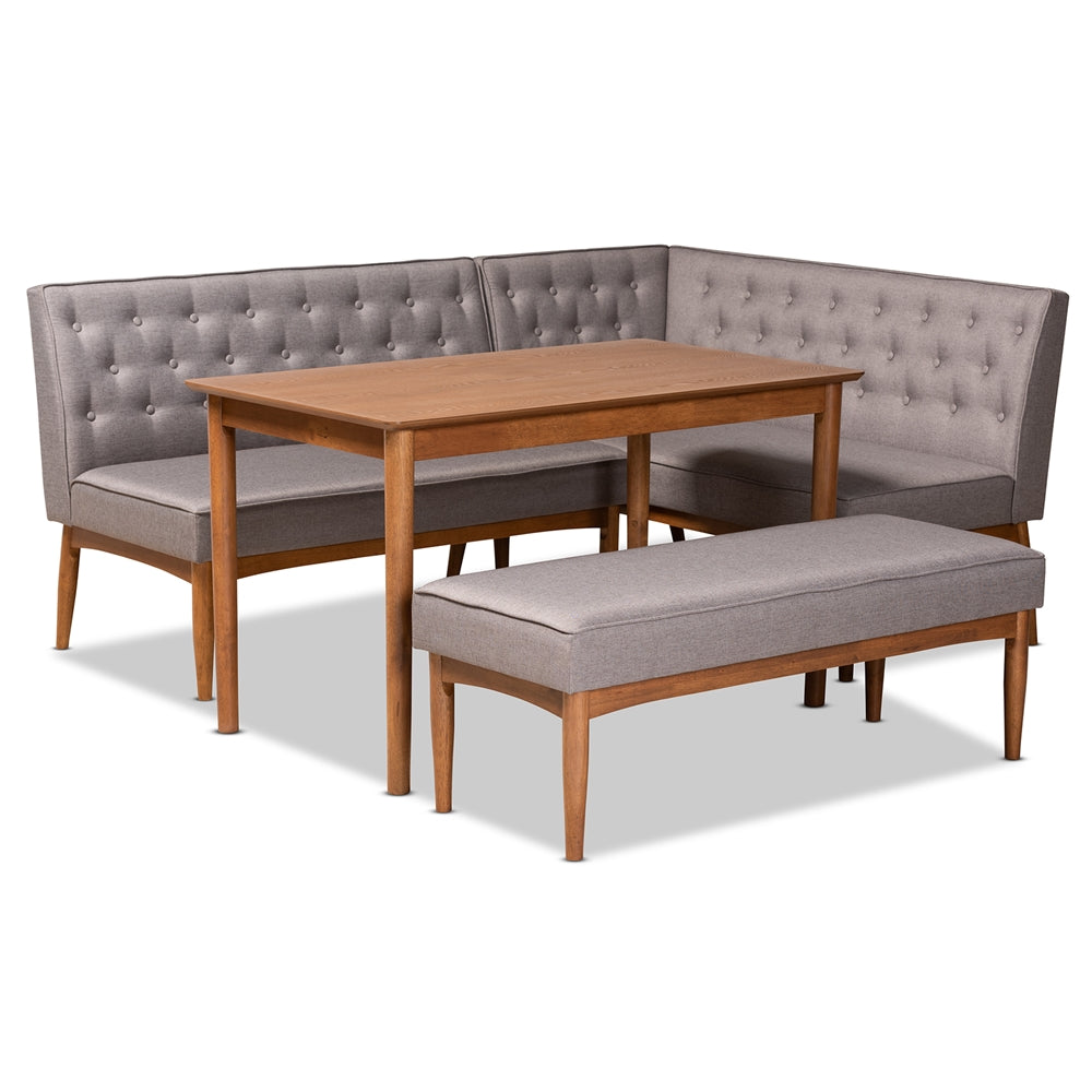 Riordan Mid-Century Modern Grey Fabric Upholstered and Walnut Brown Finished Wood 4-Piece Dining Nook Set