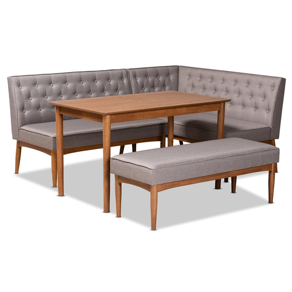 Riordan Mid-Century Modern Grey Fabric Upholstered and Walnut Brown Finished Wood 4-Piece Dining Nook Set