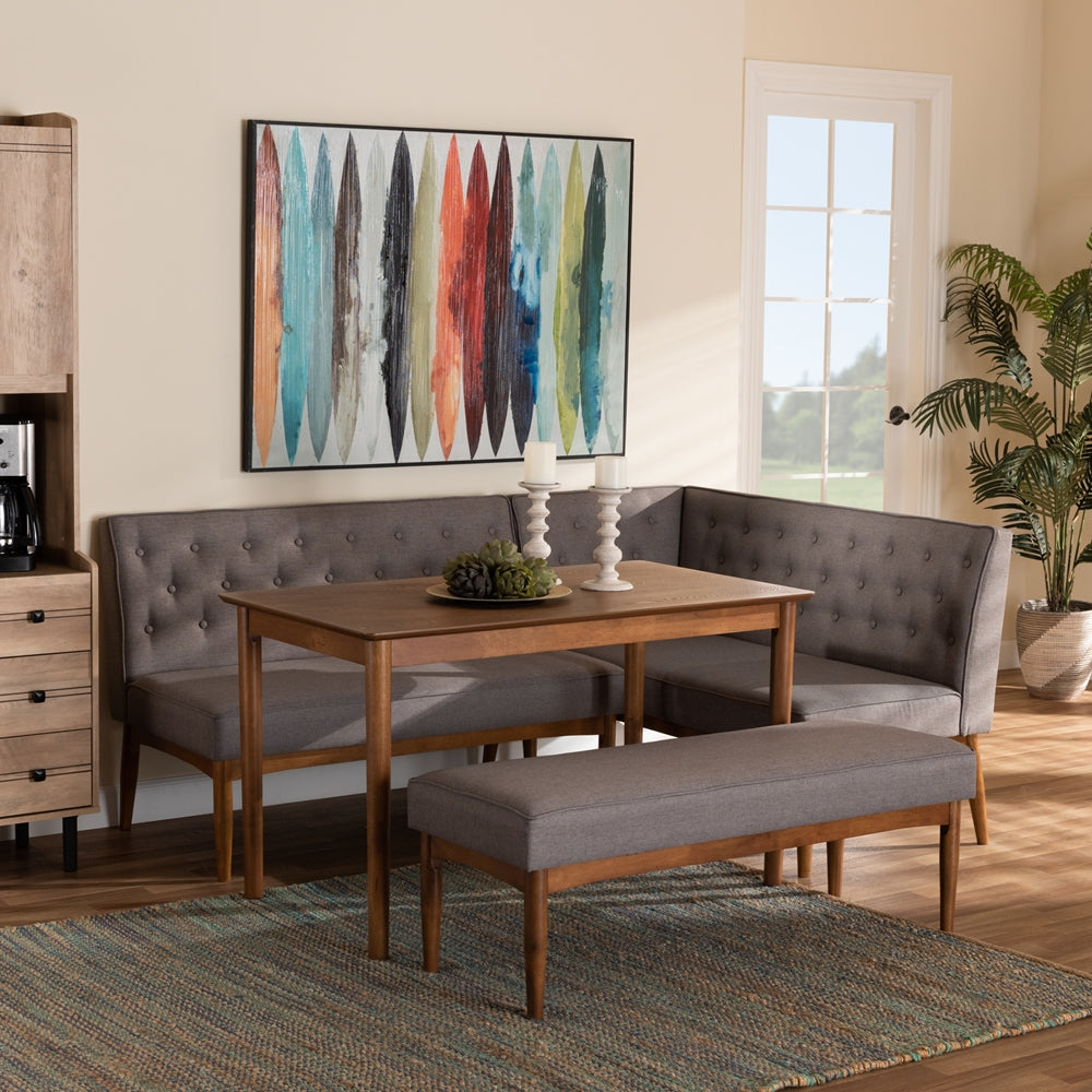 Riordan Mid-Century Modern Grey Fabric Upholstered and Walnut Brown Finished Wood 4-Piece Dining Nook Set