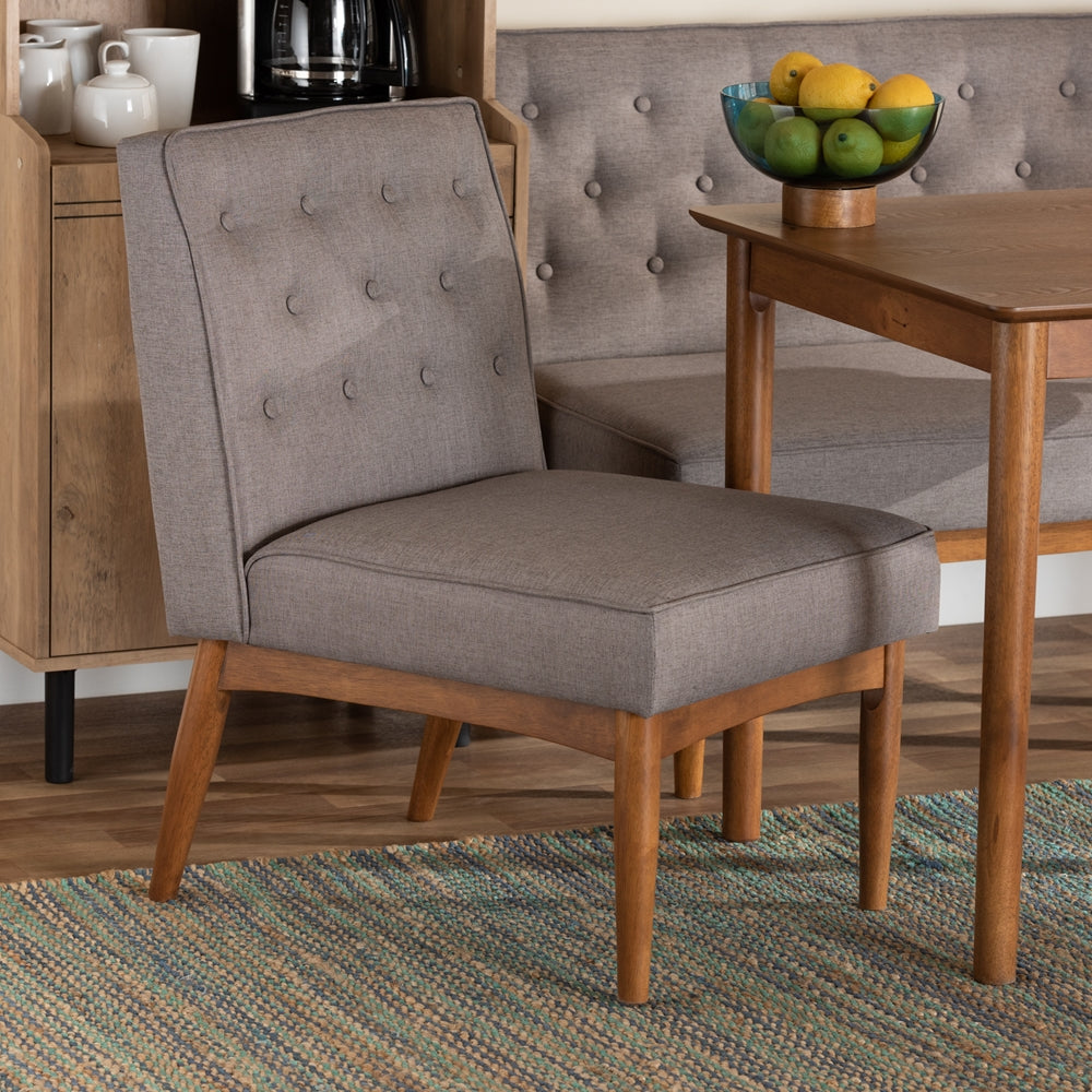Riordan Mid-Century Modern Grey Fabric Upholstered and Walnut Brown Finished Wood Dining Chair