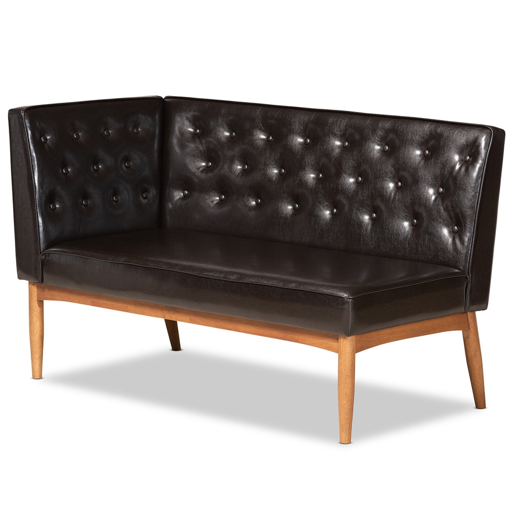 Riordan Mid-Century Modern Dark Brown Faux Leather Upholstered and Walnut Brown Finished Wood 2-Piece Dining Nook Banquette Set