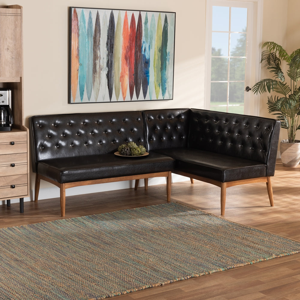 Riordan Mid-Century Modern Dark Brown Faux Leather Upholstered and Walnut Brown Finished Wood 2-Piece Dining Nook Banquette Set