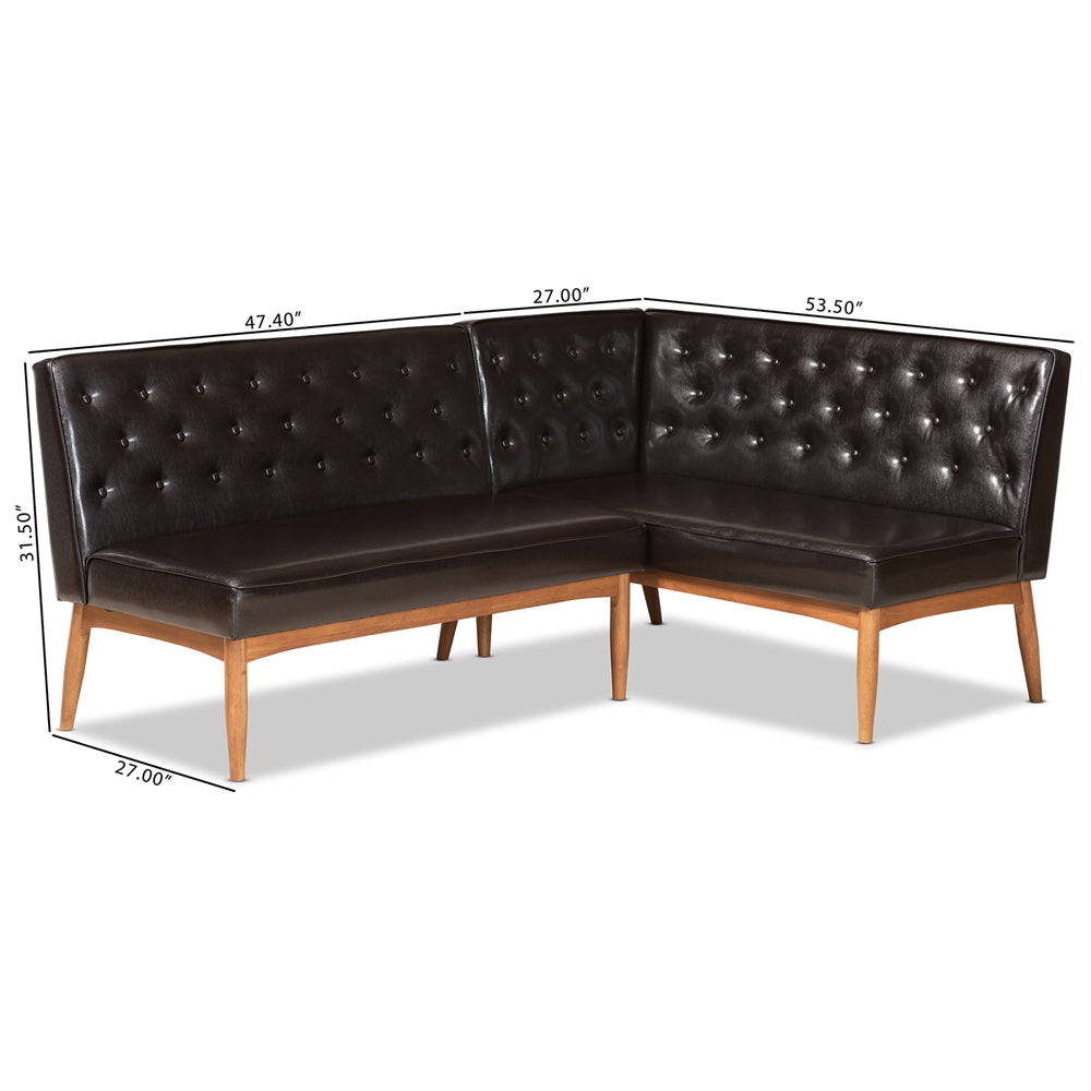 Riordan Mid-Century Modern Dark Brown Faux Leather Upholstered and Walnut Brown Finished Wood 2-Piece Dining Nook Banquette Set
