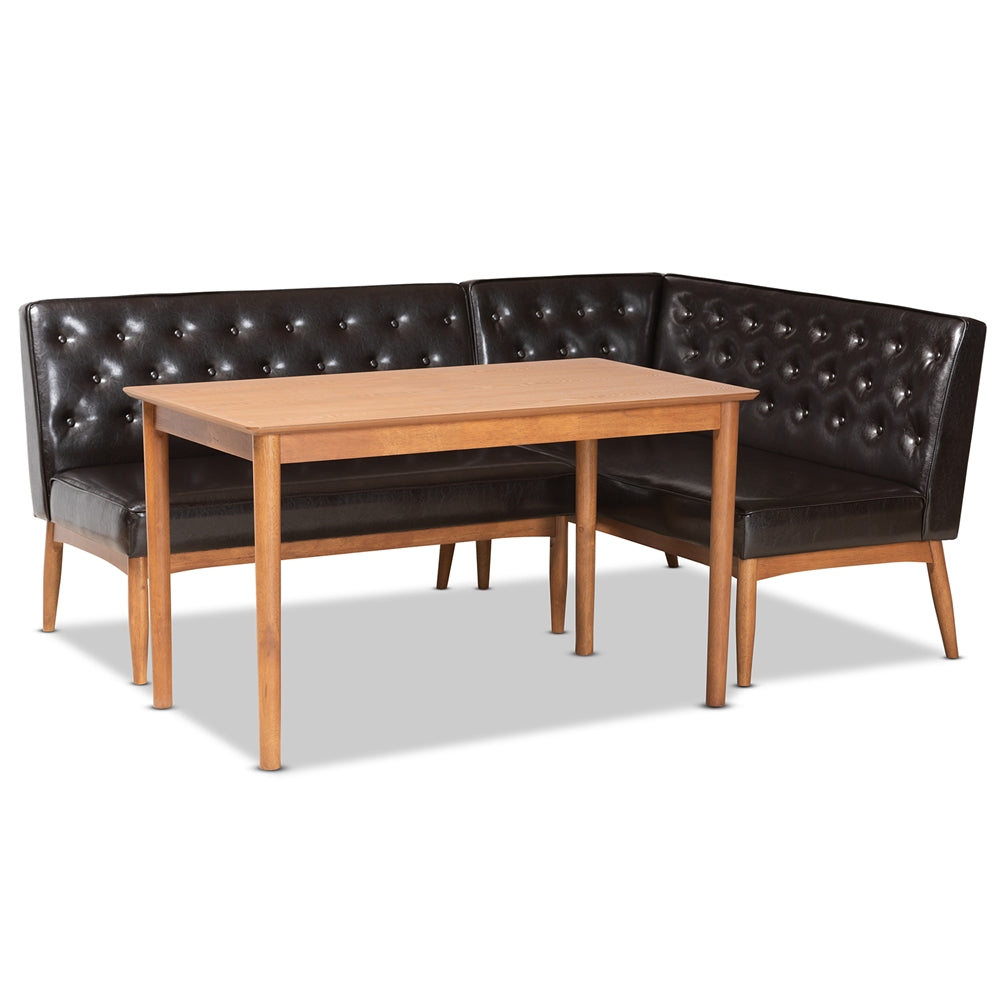 Riordan Mid-Century Modern Dark Brown Faux Leather Upholstered and Walnut Brown Finished Wood 3-Piece Dining Nook Set