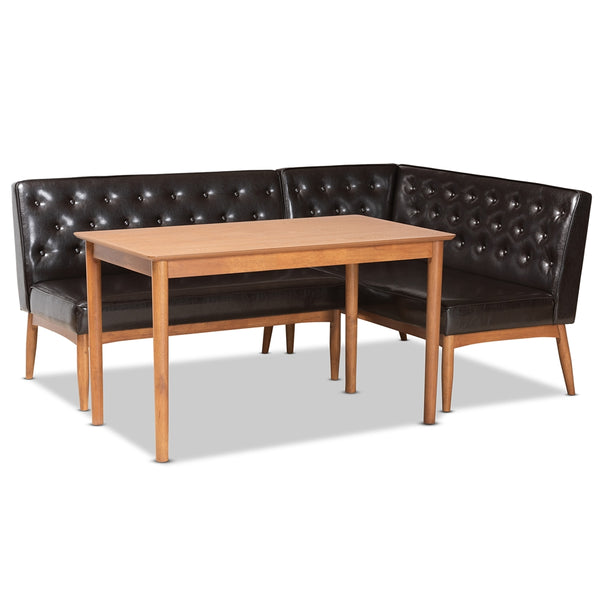 Riordan Mid-Century Modern Dark Brown Faux Leather Upholstered and Walnut Brown Finished Wood 3-Piece Dining Nook Set