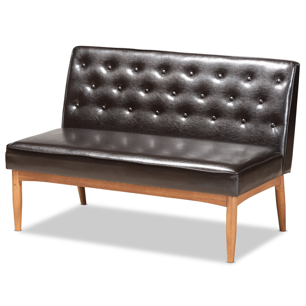 Riordan Mid-Century Modern Dark Brown Faux Leather Upholstered and Walnut Brown Finished Wood 3-Piece Dining Nook Set
