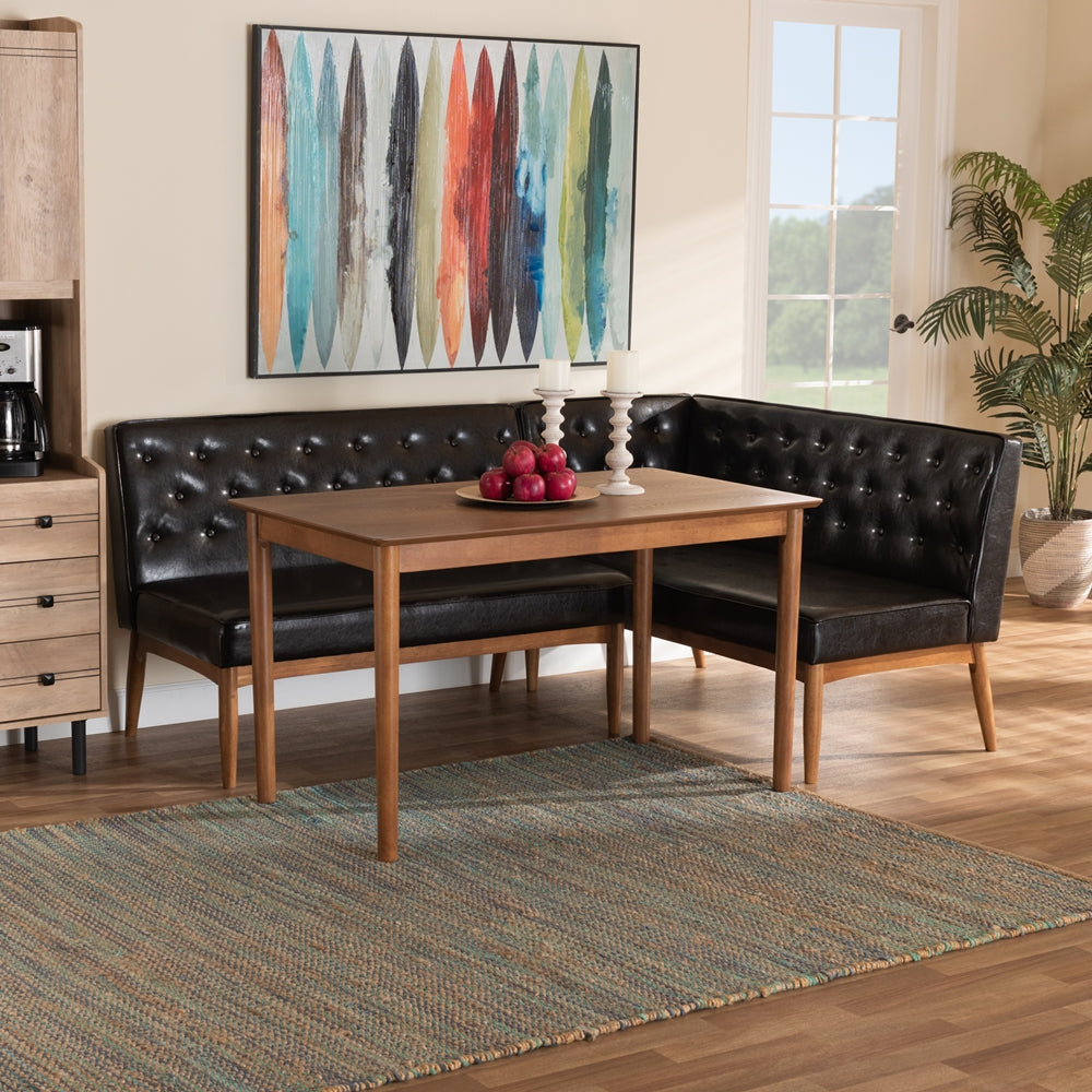 Riordan Mid-Century Modern Dark Brown Faux Leather Upholstered and Walnut Brown Finished Wood 3-Piece Dining Nook Set