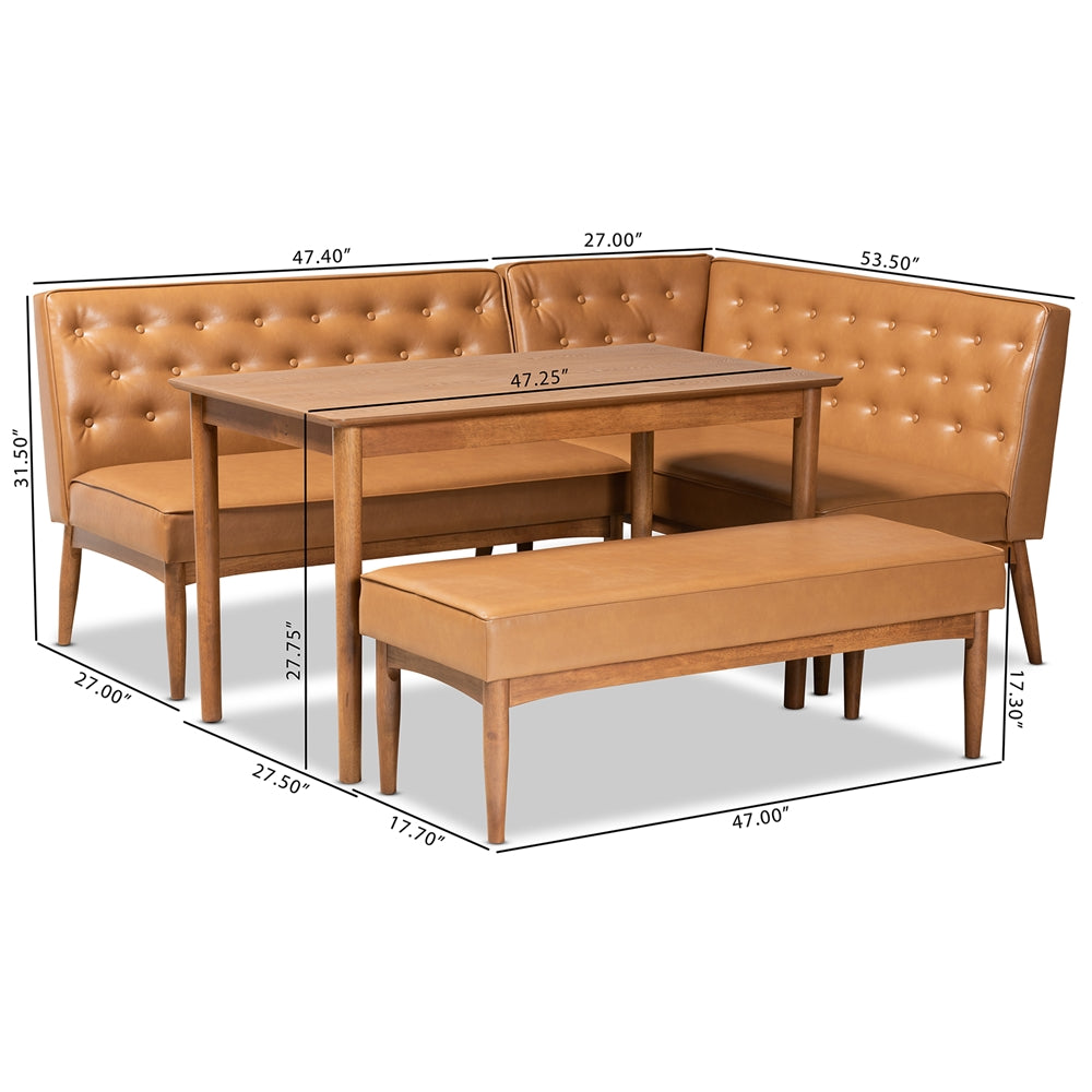 Riordan Mid-Century Modern Tan Faux Leather Upholstered and Walnut Brown Finished Wood 4-Piece Dining Nook Set