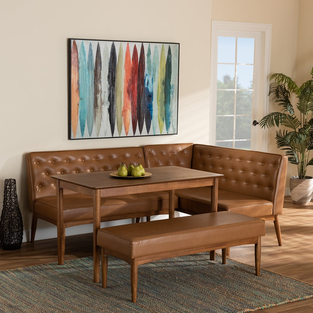 Riordan Mid-Century Modern Tan Faux Leather Upholstered and Walnut Brown Finished Wood 4-Piece Dining Nook Set
