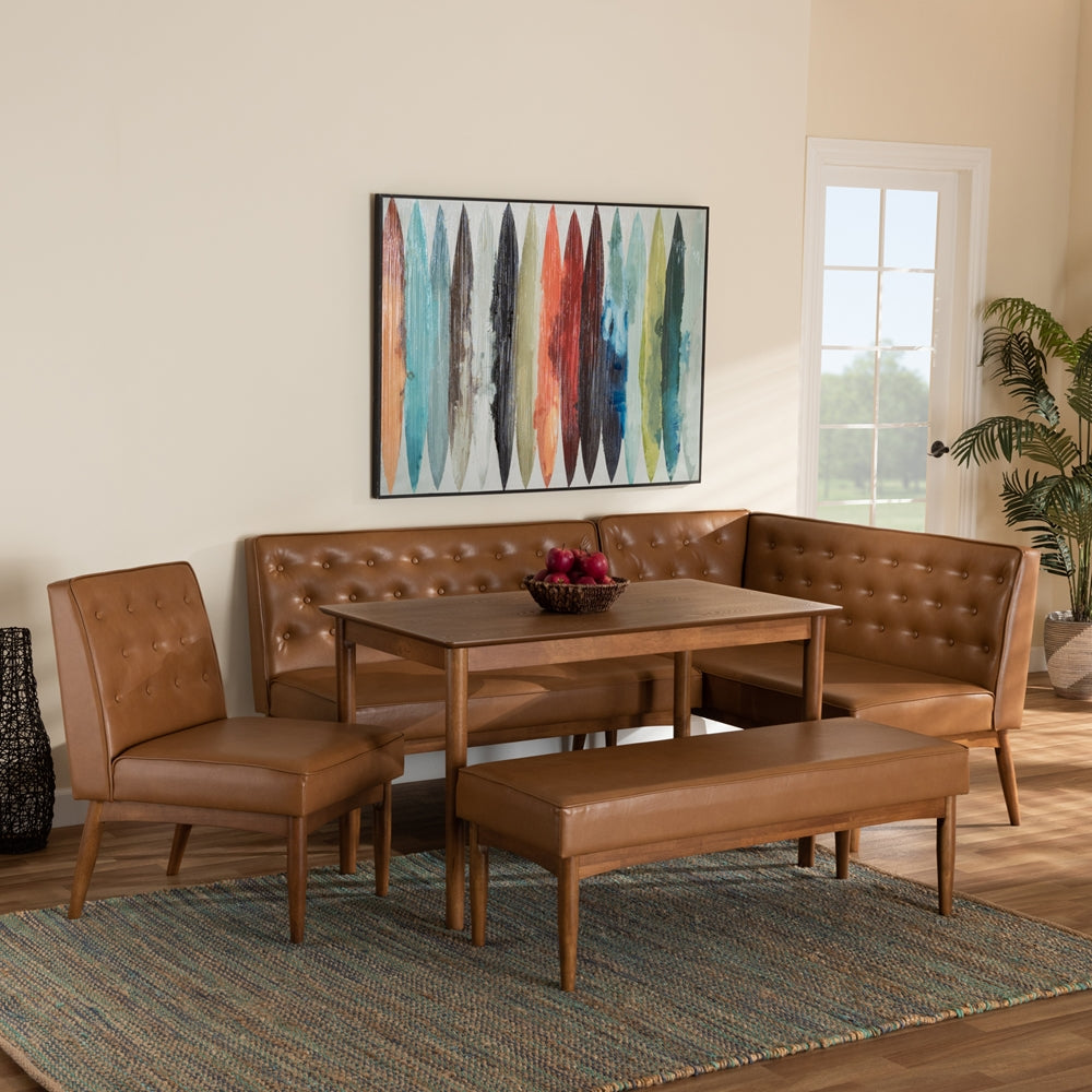 Riordan Mid-Century Modern Tan Faux Leather Upholstered and Walnut Brown Finished Wood 5-Piece Dining Nook Set