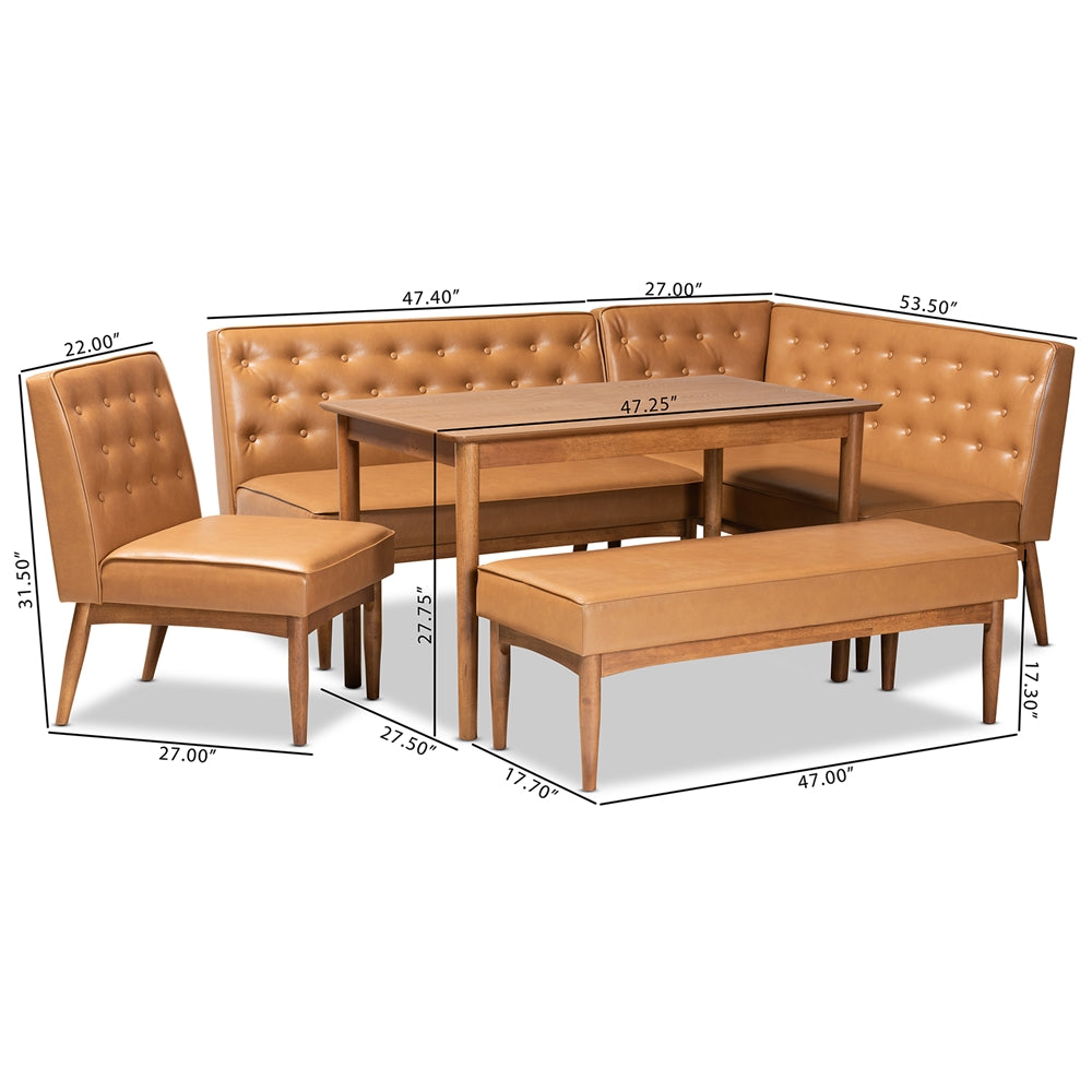 Riordan Mid-Century Modern Tan Faux Leather Upholstered and Walnut Brown Finished Wood 5-Piece Dining Nook Set
