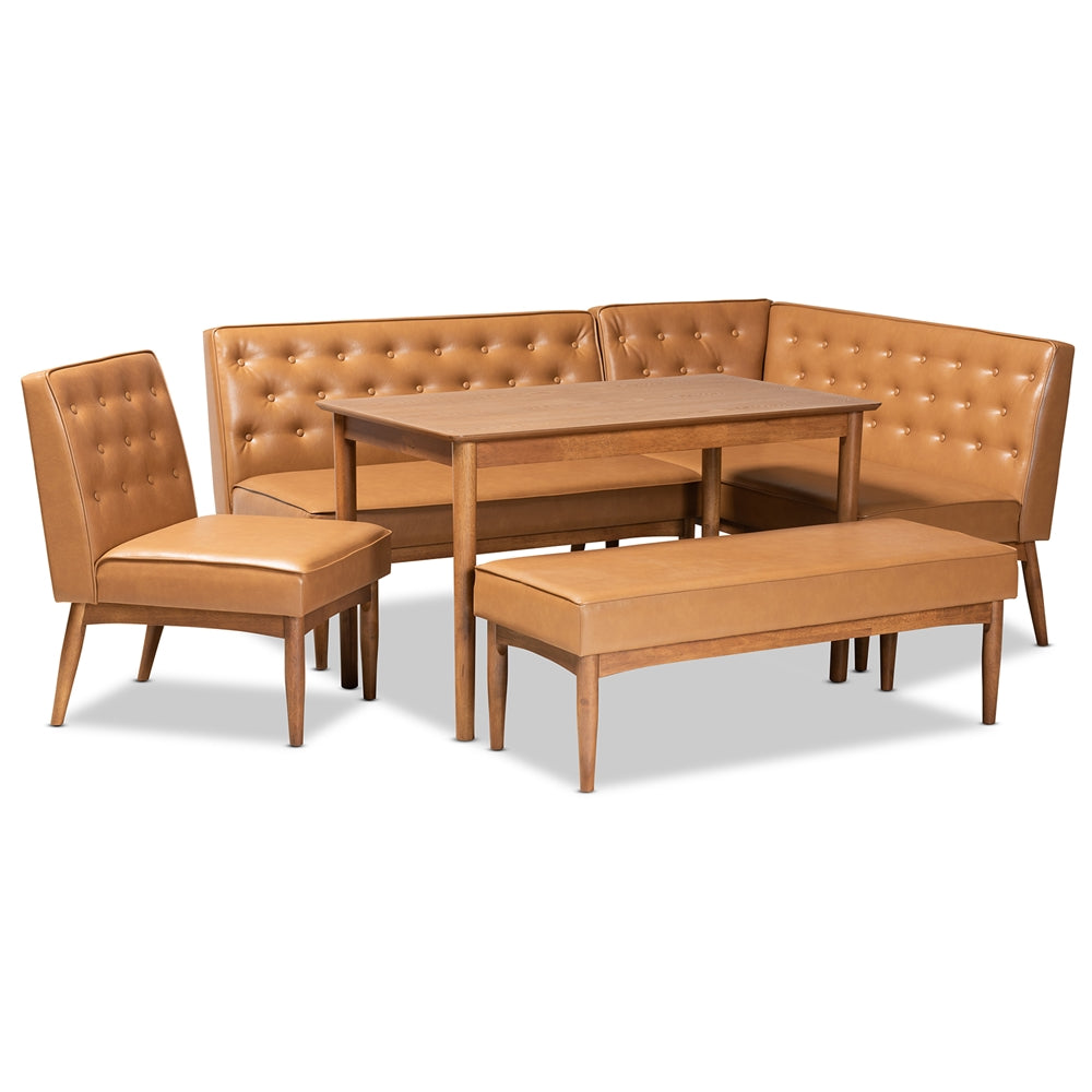 Riordan Mid-Century Modern Tan Faux Leather Upholstered and Walnut Brown Finished Wood 5-Piece Dining Nook Set