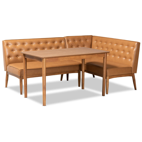 Riordan Mid-Century Modern Tan Faux Leather Upholstered and Walnut Brown Finished Wood 3-Piece Dining Nook Set