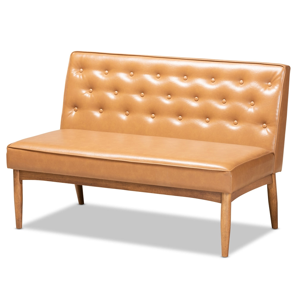 Riordan Mid-Century Modern Tan Faux Leather Upholstered and Walnut Brown Finished Wood 3-Piece Dining Nook Set