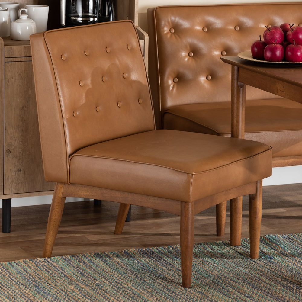 Riordan Mid-Century Modern Tan Faux Leather Upholstered and Walnut Brown Finished Wood Dining Chair