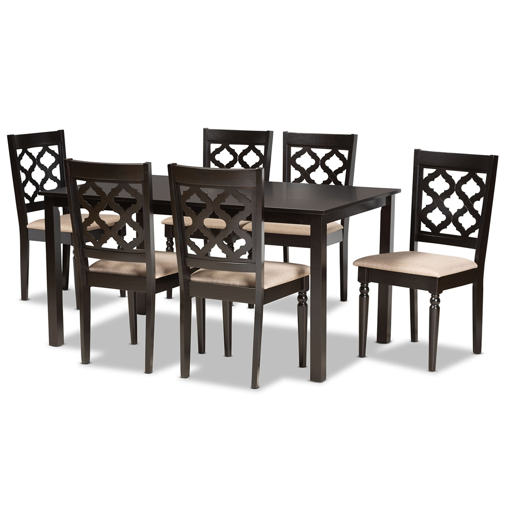 Ramiro Modern and Contemporary Sand Fabric Upholstered and Dark Brown Finished Wood 7-Piece Dining Set