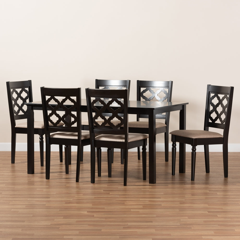 Ramiro Modern and Contemporary Sand Fabric Upholstered and Dark Brown Finished Wood 7-Piece Dining Set