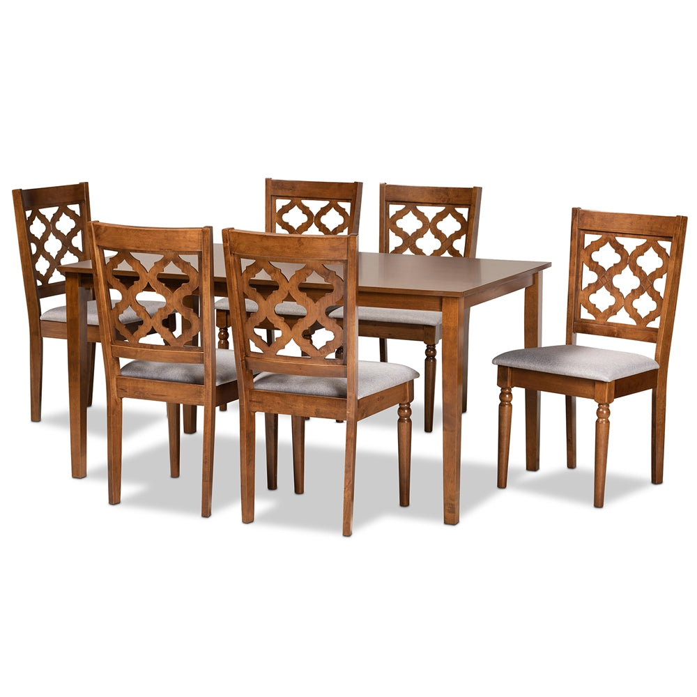 Ramiro Modern and Contemporary Grey Fabric Upholstered and Walnut Brown Finished Wood 7-Piece Dining Set