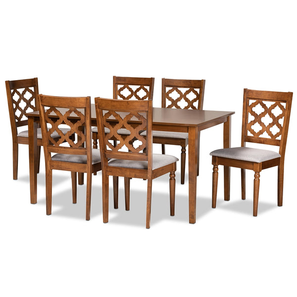 Ramiro Modern and Contemporary Grey Fabric Upholstered and Walnut Brown Finished Wood 7-Piece Dining Set